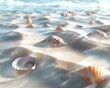 Delicate seashells scattered on a bed of soft caramel colored sand, with gentle ocean waves lapping at the shore  