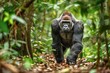 A majestic silverback gorilla leading his troop through the dense rainforest