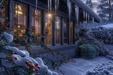 A Snowy Scene Outside A Craftsman Style House, With Icicles Hanging From The Eaves And A Cozy Glow Emanating From Windows Framed By Winter Berries And Evergreens.
