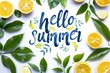 beautiful floral design with hello summer text on white background