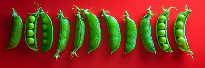 Wall Mural - A row of green peas are arranged in a line on a red background