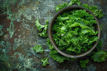 Wall Mural - Fresh Kale Leaves in Rustic Bowl on Textured Background