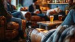 Guests relax on couches and chairs in a cozy taproom sipping on pints of nonalcoholic beer and chatting with friends.