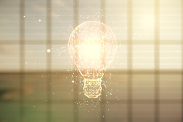 Virtual Idea concept with light bulb illustration on empty corporate office background. Multiexposure