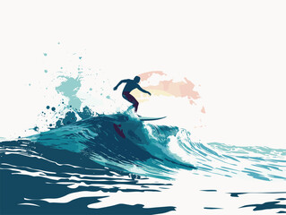 Wall Mural - captivating silhouette of a surfer riding the perfect wave in an animated marvel