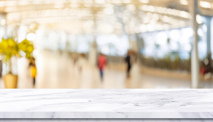 Wall Mural - White stone marble table top and blurred abstract background from interior building banner background - can used for display or montage your products.