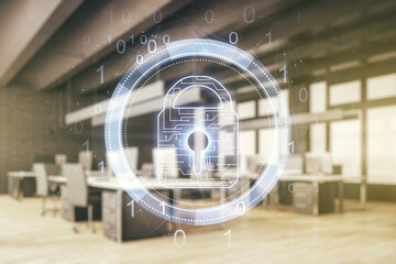 Wall Mural - Virtual creative lock sketch with chip hologram on a modern furnished office interior background, protection of personal data concept. Multiexposure