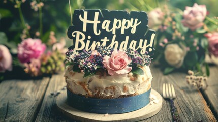 Artistic birthday cake adorned with pink roses and elegant floral decorations on a rustic table.