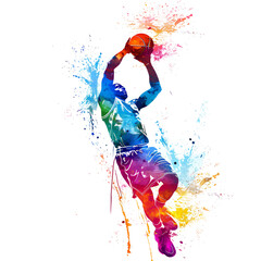 Wall Mural - Explosive Basketball Dunk, Watercolor Athlete in Action on White Background