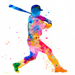 Wall Mural - Vibrant Watercolor Baseball Player, Dynamic Swing Action on White Background