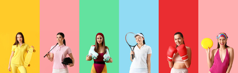 Wall Mural - Set of many sporty women on color background