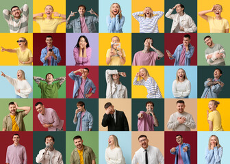 Wall Mural - Set of laughing people on color background