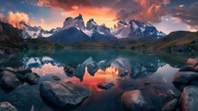 A Breathtaking Sunset Over The Snowcapped Andes Mountains, Reflecting In An Emerald Lake Surrounded By Smooth Stones