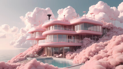 Wall Mural - Design of a hotel or chalet on the cloud, in the style of light pink, serene oceanic vistas, snailcore, playful machines, 32k UHD, made of rubber, tender depiction of nature --AR 2:3