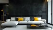 A modern living room with black wall, white sofa and yellow pillows