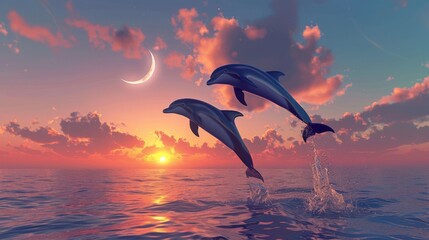 Wall Mural - Two dolphins are jumping out of the sea at sunset with a crescent moon in the sky. The background is an ocean horizon with clouds and sun rays