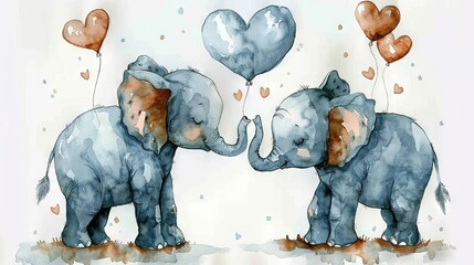 Sticker -   Elephants stand together with heart-shaped balloons on their backs