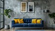 an industrial-style living room with concrete walls, a blue velvet sofa and mustard yellow pillows, framed wall art on the side