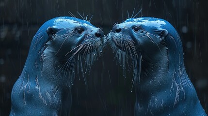 Wall Mural -   A pair of sea lions resting on a verdant field beneath a cloudy sky