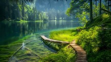 Beautiful Green Grass On The Shore Of An Open Forest Lake, Surrounded By Trees And Pines, With Wooden Walkways And Bridges Across It