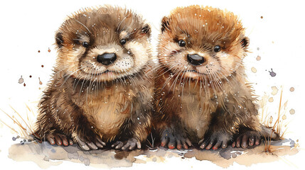 Poster -   A pair of otters perched on a snowy terrain with a white backdrop