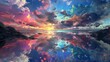 Colorful clouds over the sea, rocks on both sides reflected in water puddles