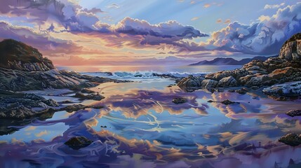 Wall Mural - Colorful clouds over the sea, rocks on both sides reflected in water puddles