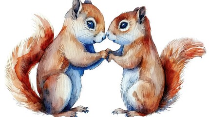   Two squirrels hand-in-hand on a white backdrop