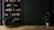 © Haseena - Minimalist interior design of modern living room with armchair, wooden floor and book shelf against black wall mock up with copy space area for text