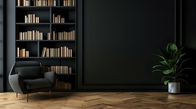 Minimalist interior design of modern living room with armchair, wooden floor and book shelf against black wall mock up with copy space area for text