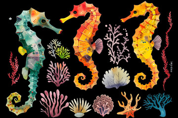 Wall Mural - watercolor seahorses clip art set, transparent background