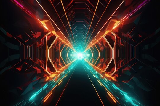  Abstract tunnel of light and new highlights. Abstract neon light background, Generative AI