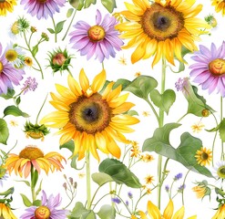 Wall Mural - Watercolor sunflowers and wild flowers pattern, white background, seamless pattern