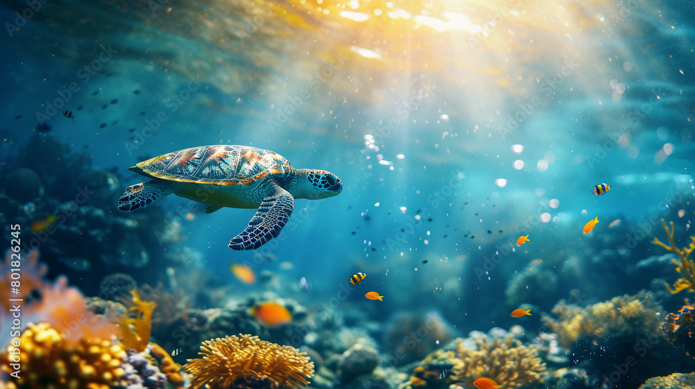 A vibrant underwater scene showcases reduced ocean waste and improved ...