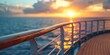 A luxury cruise ship balcony view close shot with a beautiful scenery of sunset and big space for text or product advertisement backdrop, Generative AI.