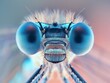 Close-up of a dragonfly's head, showcasing intricate details and vibrant blue eyes.
