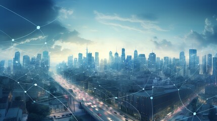 Poster - A bustling metropolitan cityscape with a seamless wireless network connecting its inhabitants, depicted in a photorealistic style