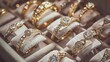 There are many rings on display in a jewelry store. They are mostly made of yellow gold and have diamonds or other gemstones.

