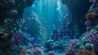 Beneath a towering underwater cliff a hidden grotto reveals itself filled with intricate sculptures crafted from vibrant corals and . .