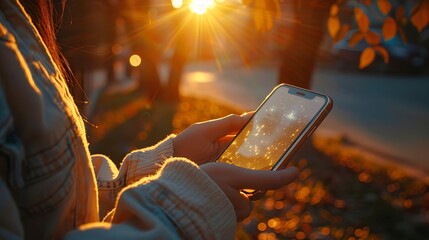 Canvas Print - Mobile app for team communication, outdoor sunlight, close-up, staying connected 