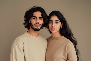 Portrait of Young Couple in Beige. Generative AI.