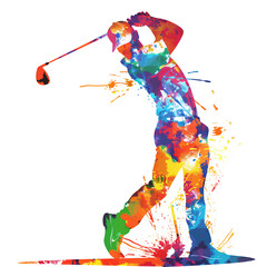 Wall Mural - Expressive Watercolor Golfer in Full Swing on Colorful Background