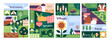 Agriculture, farm poster design. Geometric pattern background of village, countryside with chicken, tractor, harvest, plants, farmland. Rural field, eco agronomy cards set. Flat vector illustrations