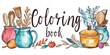 Handwriting logo featuring tableware and utensils for a coloring book