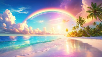 Wall Mural - Rainbow over the sea shimmers with bright clouds illuminating the white sand beach with palm trees