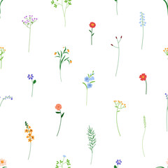 Wall Mural - Floral pattern, seamless print. Endless texture, flower branches, tiny stems. Botanical garden background. Repeatable design, delicate fragile blooms. Flat vector illustration for wallpaper, textile