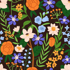 Wall Mural - seamless floral pattern. blossomed blooms, repeating print. endless botanical background design with