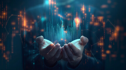 Wall Mural - abstract palm hands with global network connections, innovative technologies in the field of science
