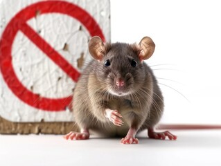 rat on white background, prohibition sign in the background. concept of rat extermination 