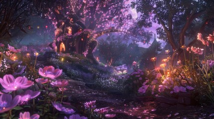Wall Mural - As the sun sets the garden transforms into a magical wonderland. The flowers and plants begin to emit a soft glowing light and the . .